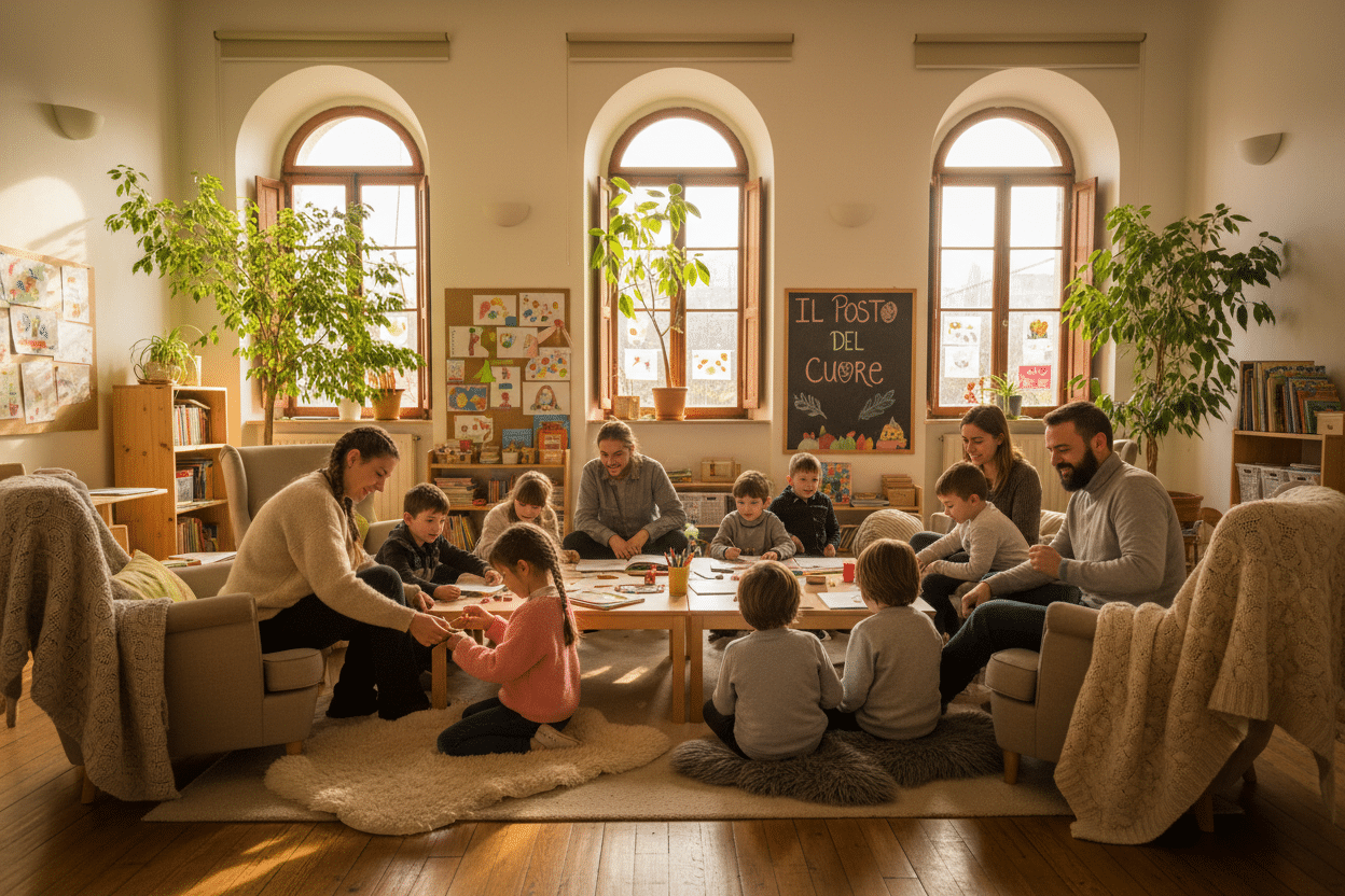 Un gruppo di bambini e adulti siede intorno a dei tavoli di legno in un'aula luminosa per disegnare e giocare.